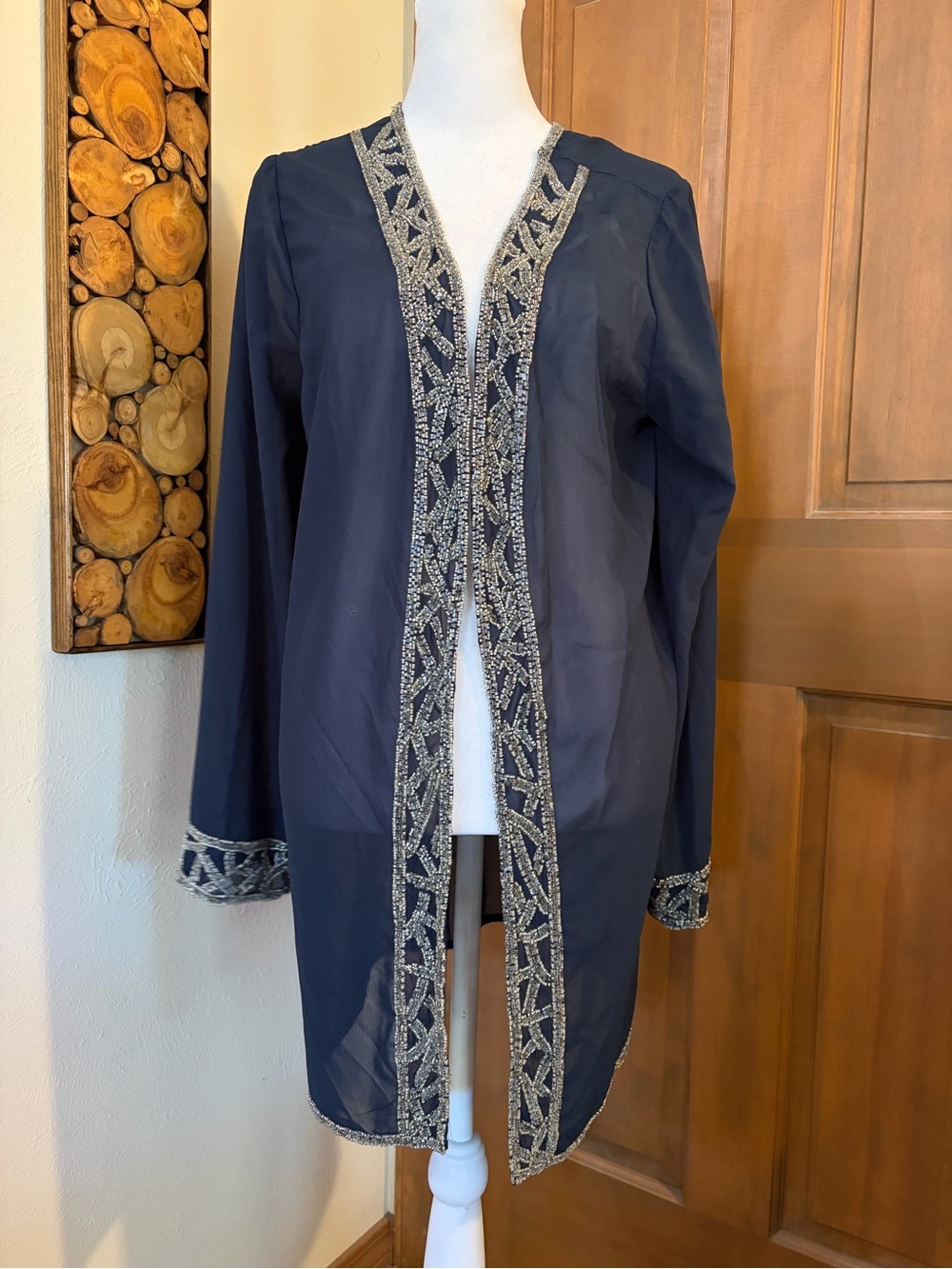 Embellished Sheer Navy Beaded Open-Front Jacket